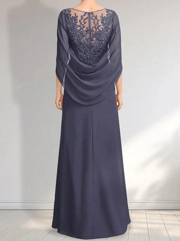 A-line Scoop Illusion Floor-Length Lace Chiffon Mother of the Bride Dress With Pleated Sequins
