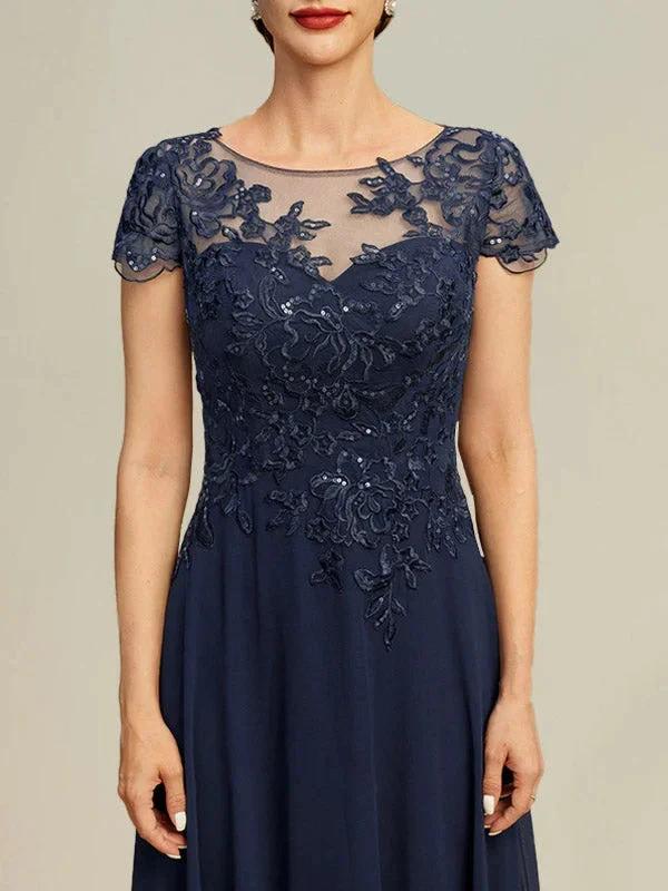 A-line Illusion Scoop Tea-Length Lace Chiffon Mother of the Bride Dress With Sequins