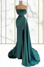 One Shoulder Emerald Rhinestone Mermaid Prom Dress With Split