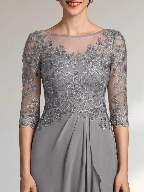 A-line Scoop Illusion Floor-Length Chiffon Lace Mother of the Bride Dress With Beading Sequins Cascading Ruffles