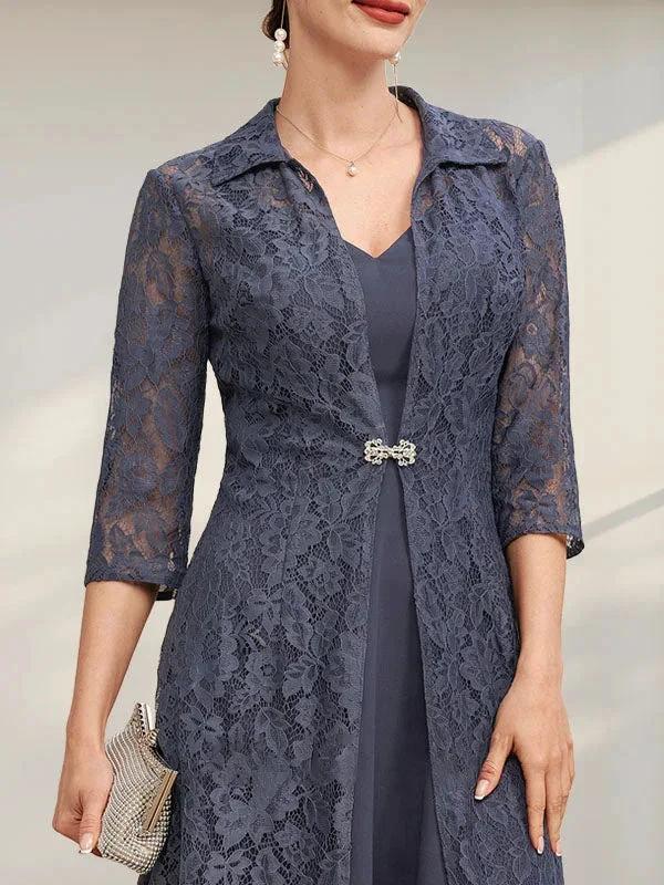 A-line V-Neck Tea-Length Chiffon Mother of the Bride Dress