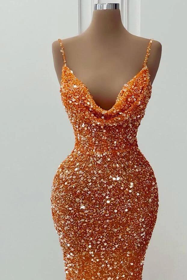 Long Sequined V-Neck Spaghetti Strap Mermaid Prom Dress