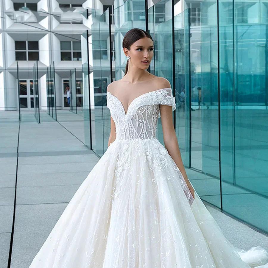 Sexy Sweetheart Lace Wedding Dresses Women's V-neck Decal Princess Wedding Formal Party 2023 Off Shoulder Beaded Romantic Bridal