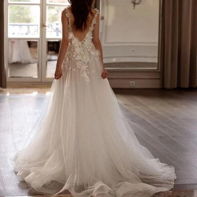 Sexy Backless Wedding Dresses For Woman V Neck Appliques Bridal Gowns Bohemian Princess Customize Tulle Vestidos