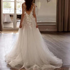 Sexy Backless Wedding Dresses For Woman V Neck Appliques Bridal Gowns Bohemian Princess Customize Tulle Vestidos