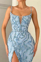 Vintage Long Sequins Spaghetti Straps Mermaid Prom Dress with Split