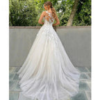 Elegant Wedding Dress A-Line O-Neck Tank Lace Appliques Illusion Button Tulle Bride Gown Robe Customized