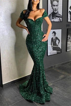 Portrait Sweetheart Sequined Long Mermaid Prom Dress with Ruffles