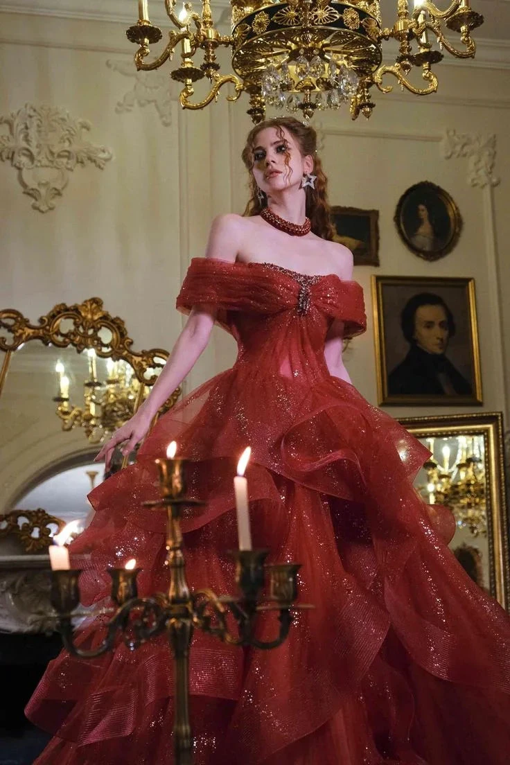 Fairy Off-Shoulder A-Line Red Evening Dress, Sparkling Dress Ball Gown Wedding Dress Y7676