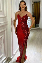 V Neck Mermaid Split Side Burgundy Long Prom Dress with Sequins