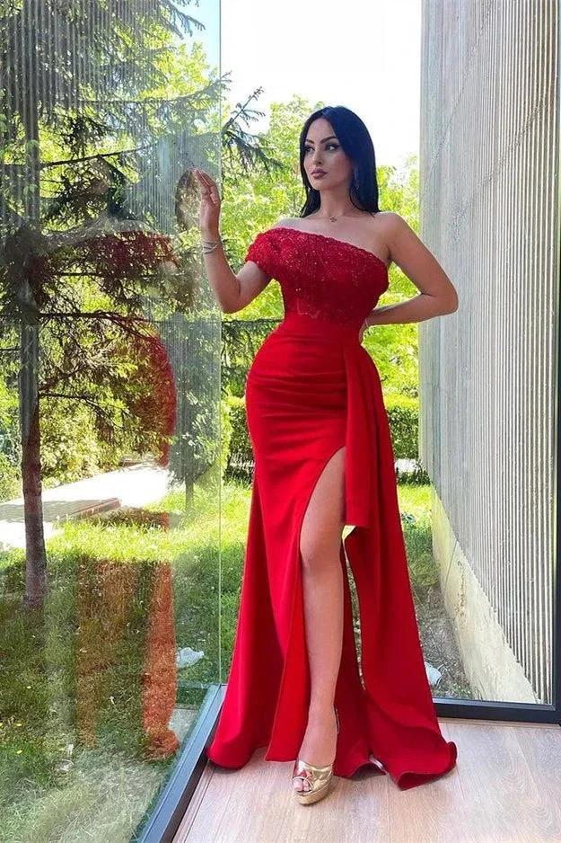 Split Front One Shoulder Mermaid Gown with Sequins and Lace Appliques