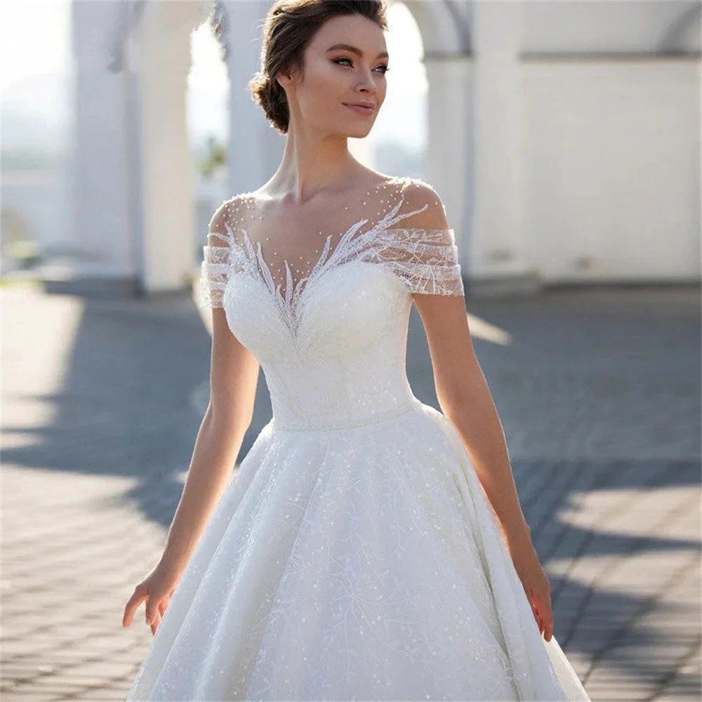Charming Cap Sleeves Bridal Gowns 2024 Classic Lace A-Line Wedding Dress Backless O-Neck Vestidos De Novia Custome Made