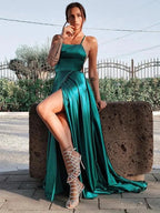 Open Back Split Front Spaghetti Straps Long Prom Dress