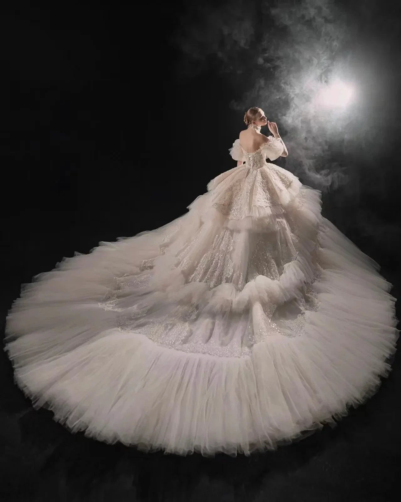 Opulent Off-the-Shoulder Ball Gown Tulle Puff Sleeve Beaded Lace Wedding Dress with Layered Ruffled Train & Choker Q6001