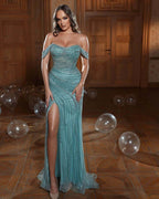 Long Mermaid Off the Shoulder Tulle Beads Sequins Prom Dresses with Slit