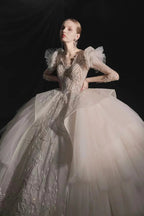 Glamorous V-Neck Ball Gown Long Lace Sleeve Beaded Embroidery Wedding Dress with Ruffled Train E315