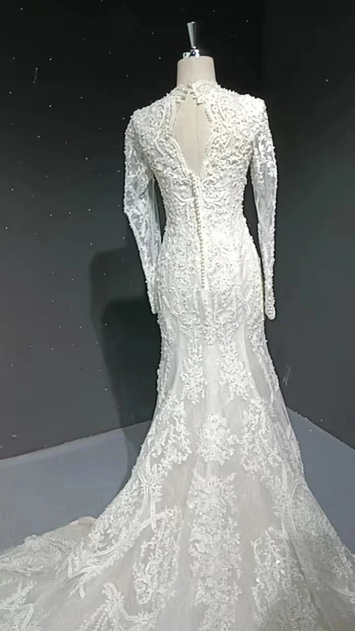 V-neck long sleeved luxurious nail bead trailing bridal veil