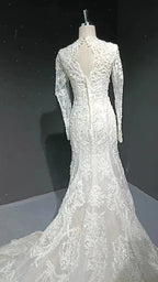 V-neck long sleeved luxurious nail bead trailing bridal veil
