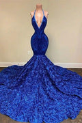 Deep V-neck Halter Mermaid Prom Dress with  Sequins and Floral