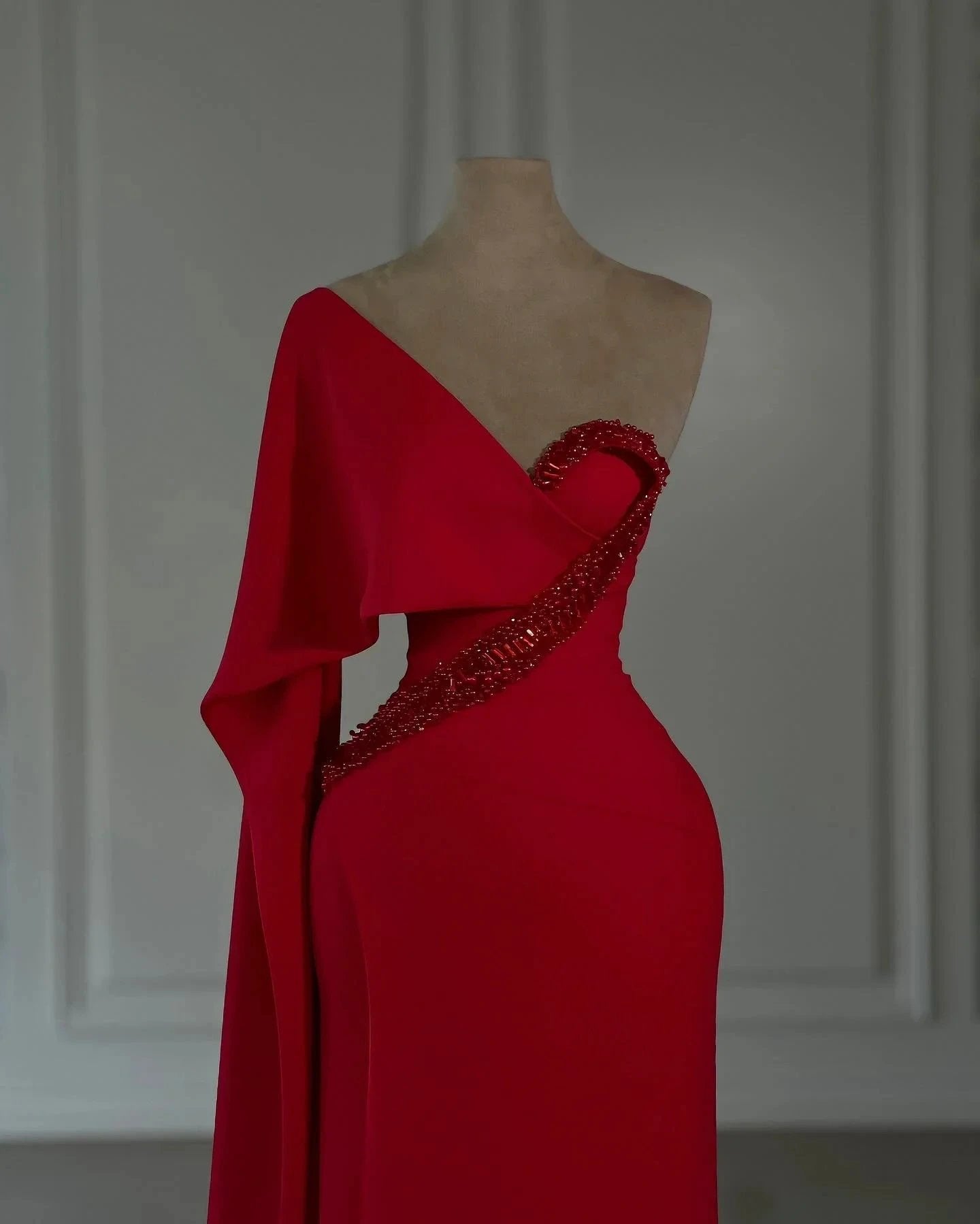 Amazing Column Chiffon One Shoulder Cap Sleeve Red Prom Dress With Rhinestone