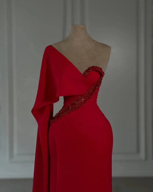Amazing Column Chiffon One Shoulder Cap Sleeve Red Prom Dress With Rhinestone