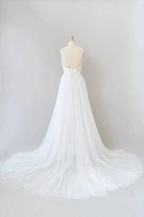 Amazing Long A-line Chapel Train Appliques Tulle Backless Wedding Dress