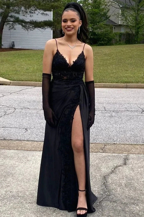 Amazing Long Black V-neck Spaghetti Straps Lace Sleeveless Prom Dress With Slit