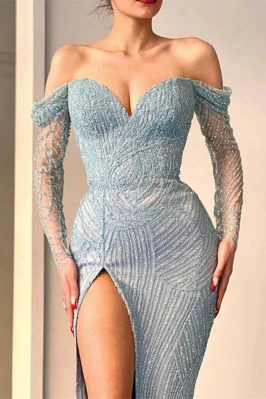 Amazing Long Mermaid Off-the-shoulder Split Lace Sequined Prom Dress With Long Sleeves