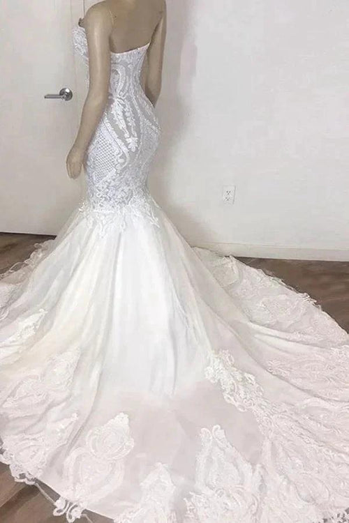 Amazing Long Mermaid Strapless Appliques Lace Wedding Dress