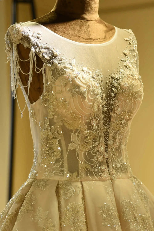 Amazing Princess Lace-up Sparkly Beading Tulle Ivory Princess Wedding Dress