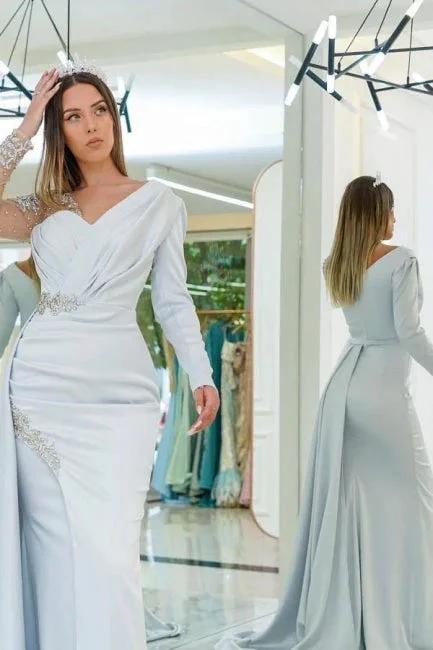 Amazing Silver Long Lace Beading Mermaid Evening Dresses With Long Sleeves