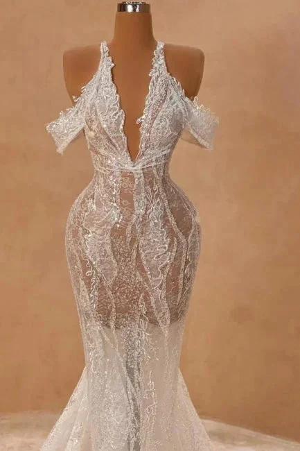 Attractive Long Ivory Halter Off-the-shoulder Mermaid Split Front Prom Dress with Lace