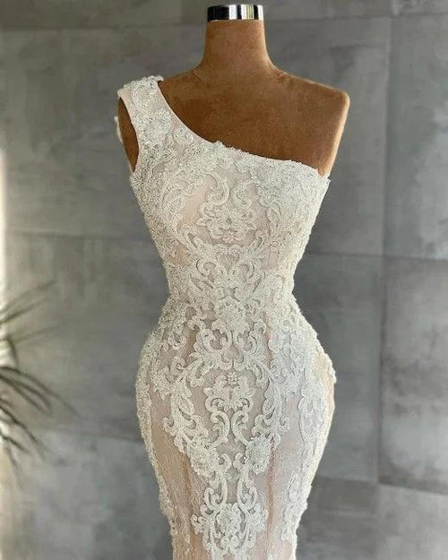 Attractive One Shoulder Appliques Lace Floor-length Mermaid Wedding Dress