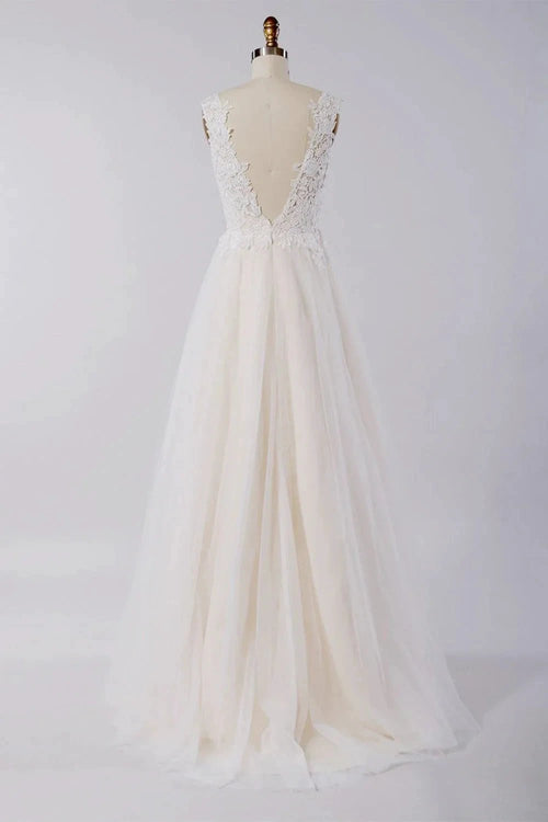 Awesome Long A-line Appliques Lace Tulle Open Back Wedding Dress
