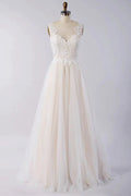 Awesome Long A-line Appliques Lace Tulle Open Back Wedding Dress