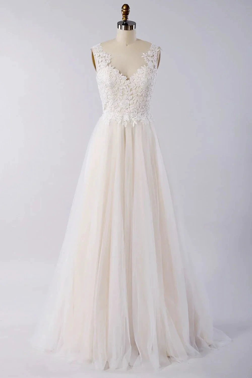Awesome Long A-line Appliques Lace Tulle Open Back Wedding Dress