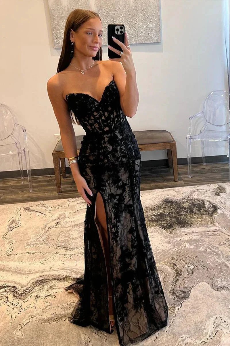 Lyric |Mermaid Strapless Lace Prom Dress with Slit