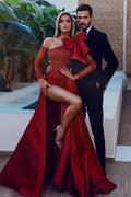Bow Burgundy Long Sleeve Sequins Mermaid Prom Dress With Split