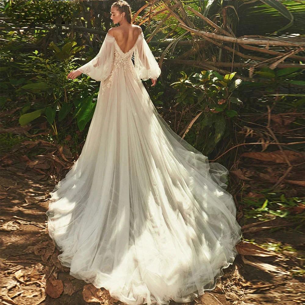 Elegant Sweetheart Neck Puff Long Sleeves Wedding Dress For Women 2023 Backless Tulle Bridal Gown Classic Robe