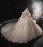 Opulent Off-the-Shoulder Ball Gown Tulle Puff Sleeve Beaded Lace Wedding Dress with Layered Ruffled Train & Choker Q6001