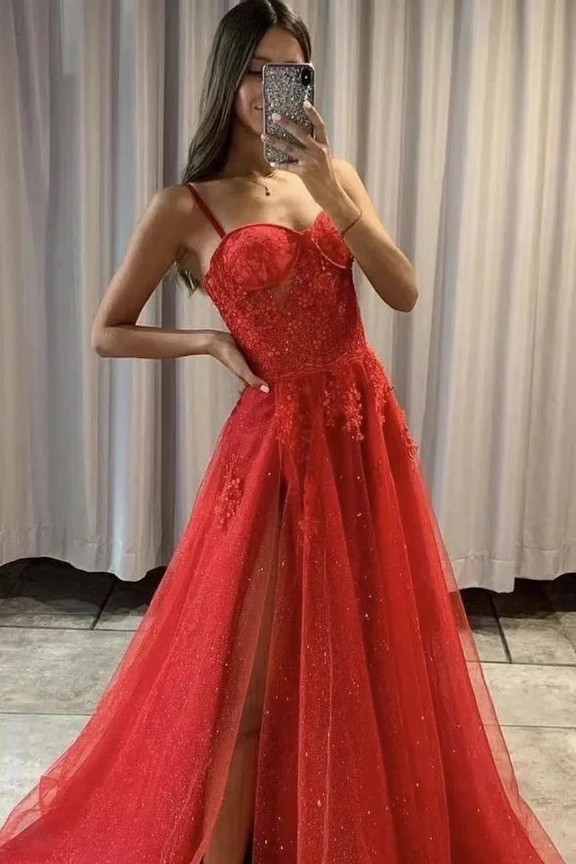 Spaghetti Straps A Line Tulle Long Prom Dress with Slit and Appliques Lace