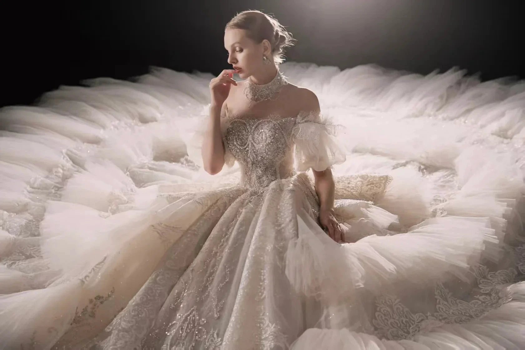 Opulent Off-the-Shoulder Ball Gown Tulle Puff Sleeve Beaded Lace Wedding Dress with Layered Ruffled Train & Choker Q6001
