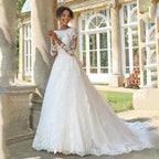 Civil Wedding Dresses For 2024 Bride Long Sleeves Backless Scoop Bride Gowns A-Line Lace Applique vestido de noiva