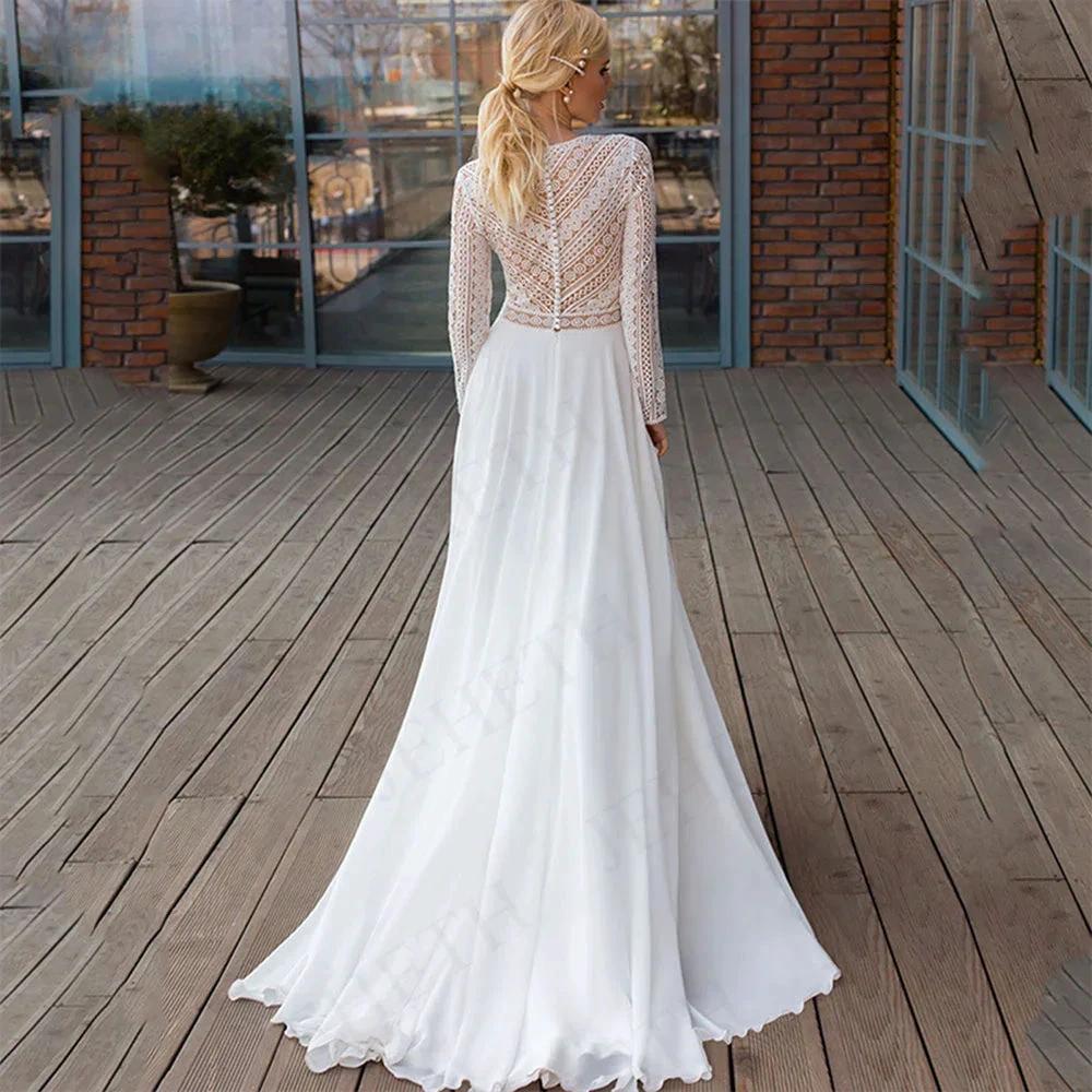 Wedding Dresses Long Sleeves Bohemian Illusion Lace Appliqued Chiffon Bridal Gowns Beach V-Neck A Line Robes