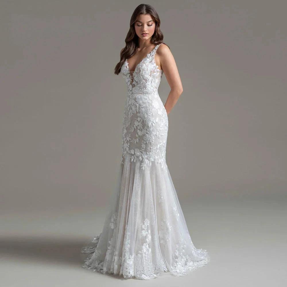 Charming Trumpet Wedding Dresses Sleeveless Scoop Pleat Appliques Bridal Gown Vestido De Casamento Customised For Women