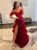 Kennedy |Sheath Off the Shoulder Long Lace Prom Dress (Lace-up Back)
