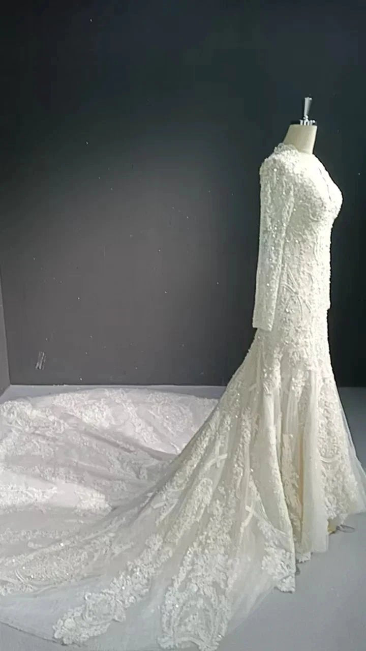 V-neck long sleeved luxurious nail bead trailing bridal veil