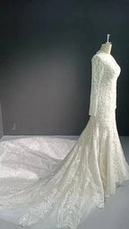 V-neck long sleeved luxurious nail bead trailing bridal veil