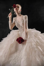 Luxurious V-Neck Ball Gown Long Lace Sleeve Beaded Embroidery Wedding Dress with Layered Ruffled Train E310