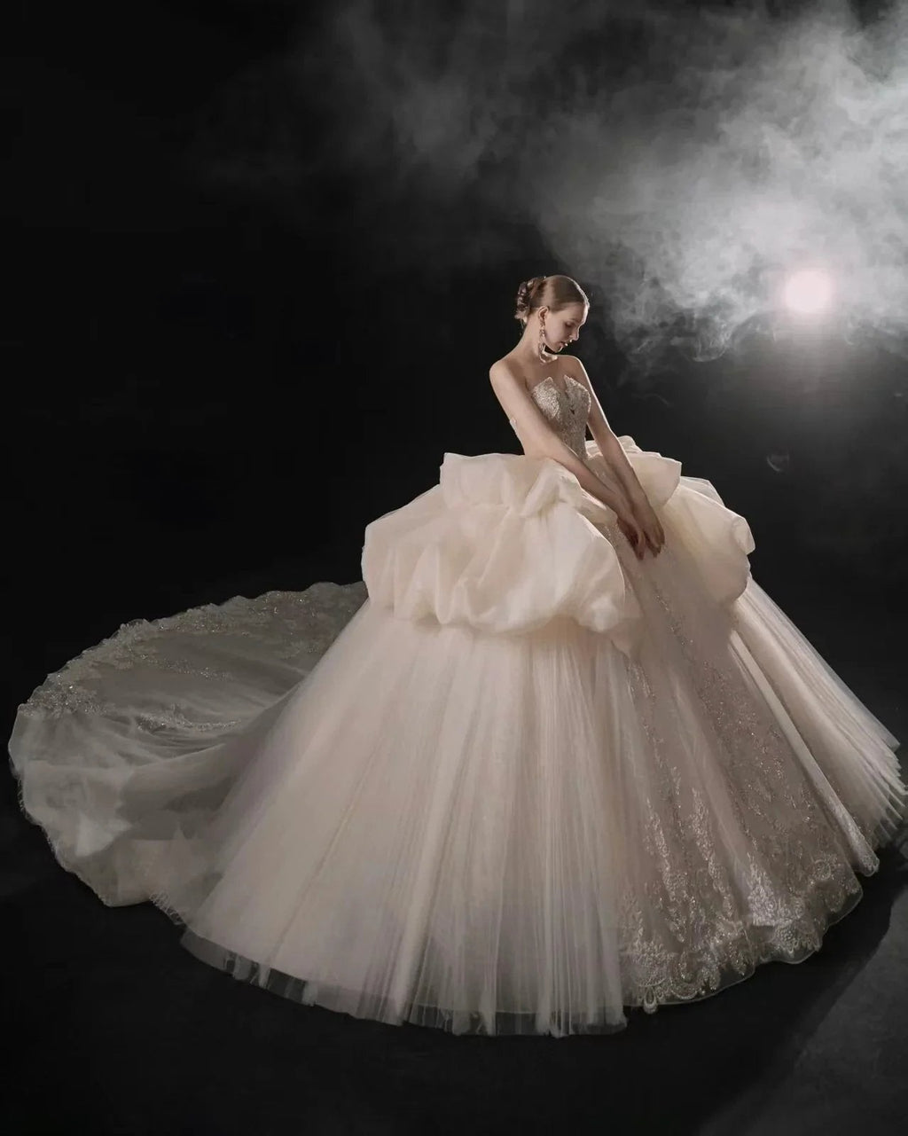 Opulent High-Neck Ball Gown Beaded Mesh Capelet Ruffled Skirt Wedding Dress with Sparkling Train Q6009